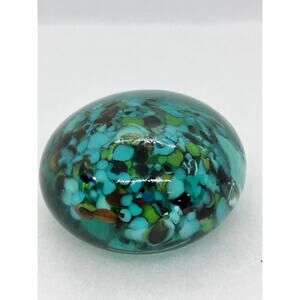 Blue Glass Paperweight Confetti Glass w/ Bubbles Inside. Pontil Bottom, Mexico